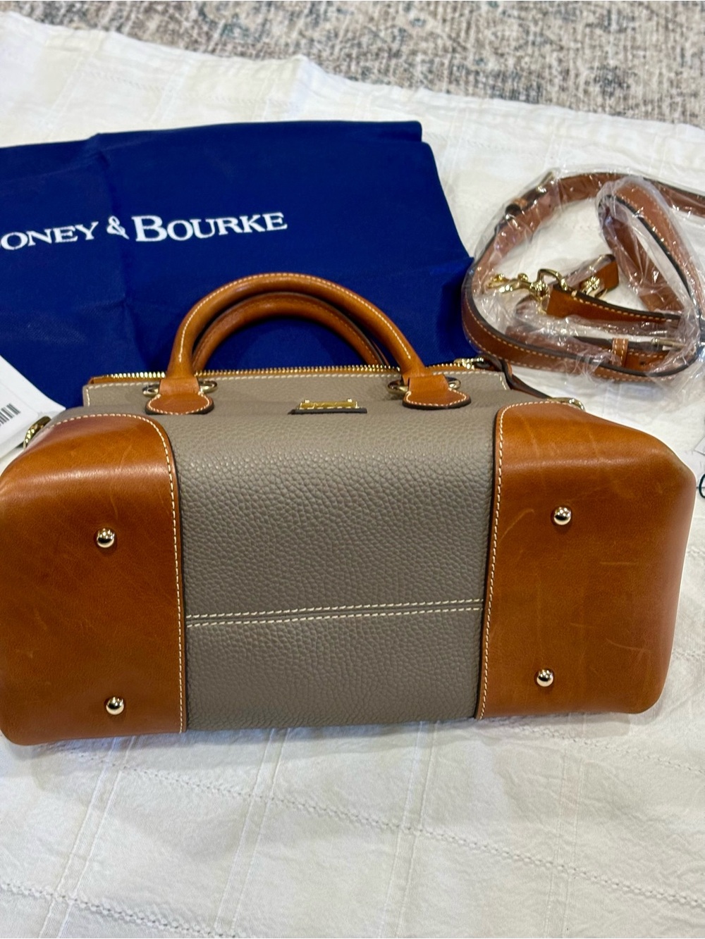 Dooney & Bourke Taupe Pebble with Florentine Leather Satchel with Gold Hardware - Picture 6 of 11